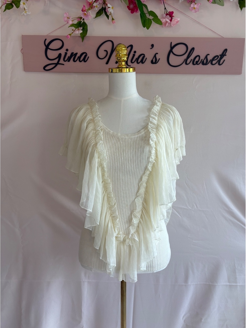 Isabella Rodriguez Cream Ruffled Sheer Sleeve Sweater Top XL